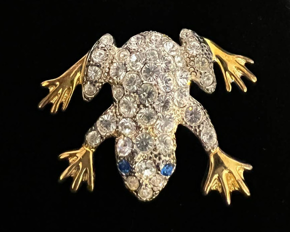 VTG 1998 Plainville Stock Co PSCO Brooch Frog Gold Tone Clear Blue Rhinestones - Picture 8 of 10